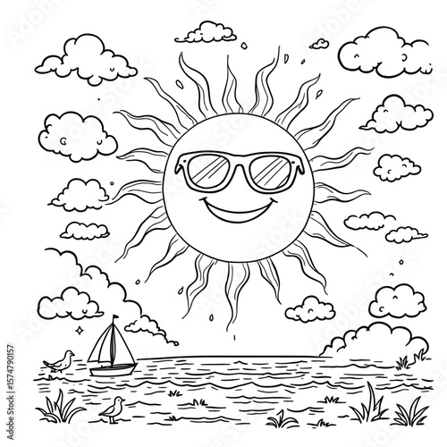 Sunny Day Delight  Cartoon Sun with Sunglasses Smiling Over Gentle Waves, Clouds, and Sailboat in a Stylized Black and White Shore Scene