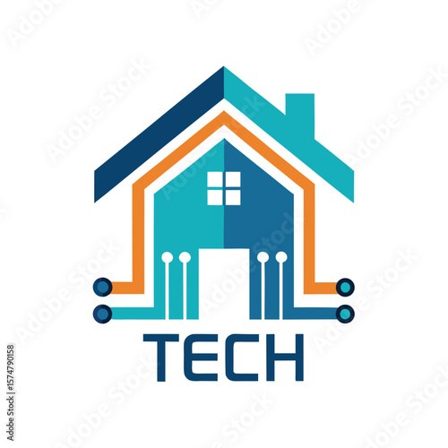 Modern smart home technology logo with circuit board elements