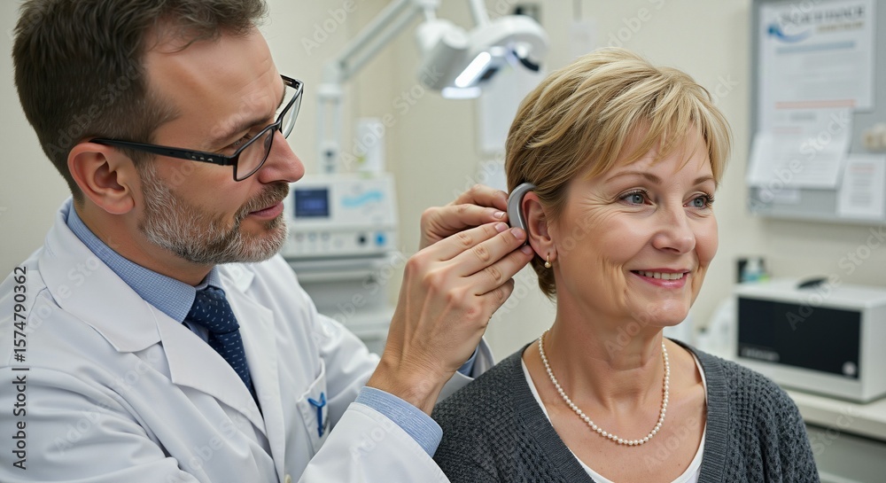 Fototapeta premium Woman with hearing loss at appointment. Doctor examining senior woman's ear with hearing implant in clinic. 