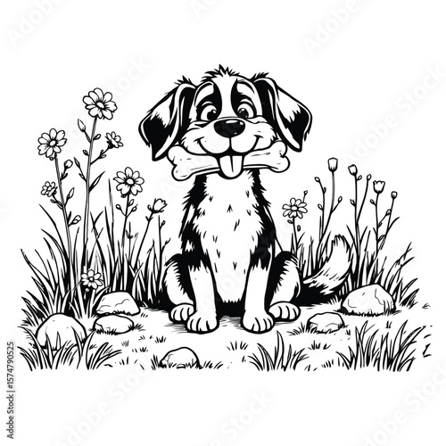 Cheerful Pup Picnic  Cartoon Dog Sitting with a Giant Bone in Its Mouth Amid Grass, Flowers, and Rocks in a Whimsical Nature Scene