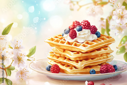 Delicious waffle topped with strawberries and blueberries, sprinkled with powdered sugar