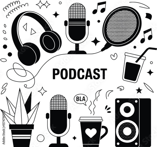 Podcast equipment and accessories vector illustration for audio recording and streaming design