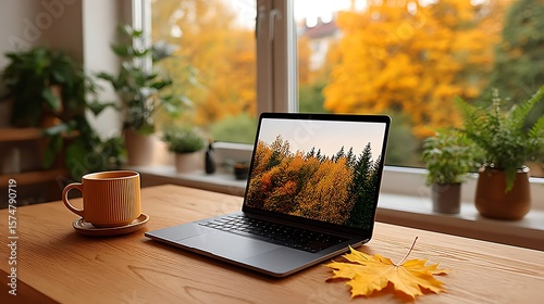 Laptop on wooden desk with a coffee cup and an autumn leaf with an autumn-themed background in window.