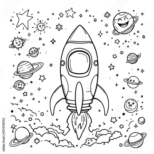 Galactic Joyride  Cartoon Rocket Launching into Space Amid Smiling Planets, Stars, and Clouds in a Whimsical Black and White Universe
