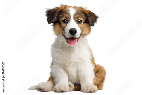 Sitting brown and white puppy looking forward with tongue out isolated on transparent background