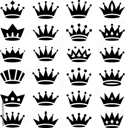 Crown Silhouette Icon Pack – 36 Black Royal Vector Symbols Collection