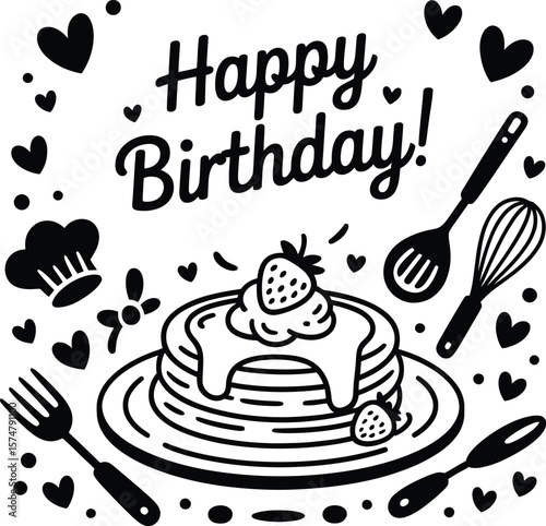 Happy birthday pancake breakfast vector illustration for greeting card and party invitation design