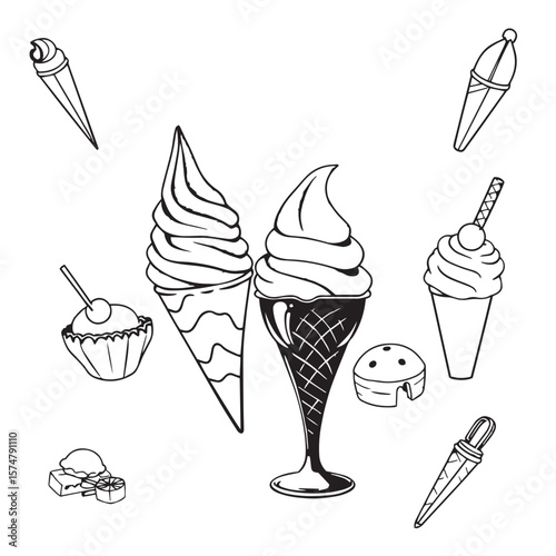 Ice cream and desserts illustration pack vector design black and white illustration.
