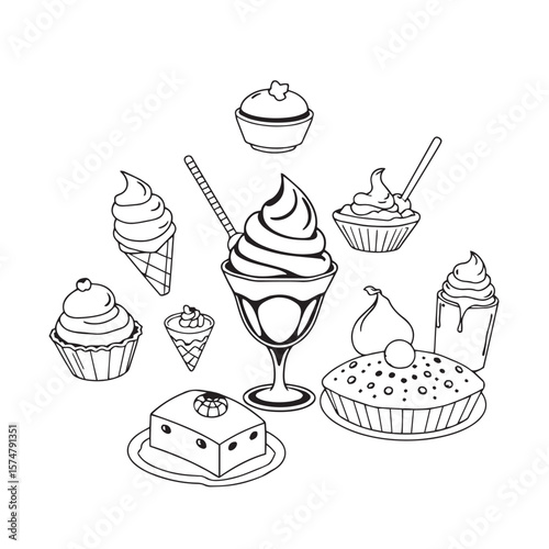 Ice cream and desserts illustration pack vector design black and white illustration.