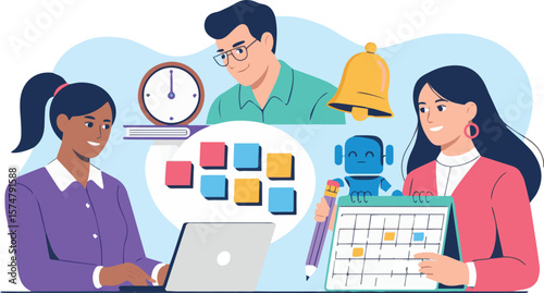 Team collaborating on project planning with calendar, clock, and cheerful robot