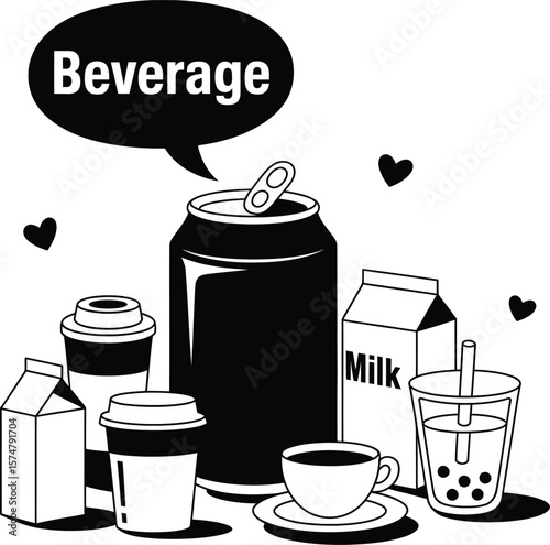 Assorted beverage drinks vector illustration can milk coffee tea cup black and white line art graphic
