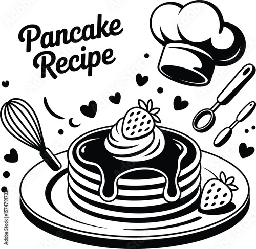 Pancake recipe illustration for breakfast with strawberry and chef hat vector food drawing design