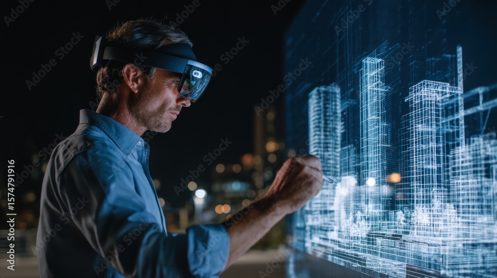 Man designing buildings using vr glasses at night Man designing buildings using vr glasses at night