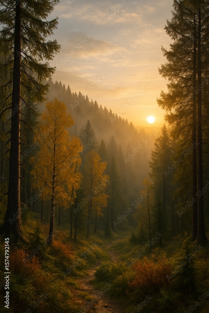 Obraz premium Big forest with sunset.