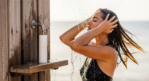 Woman washing her hair in an outdoor shower on the beach.