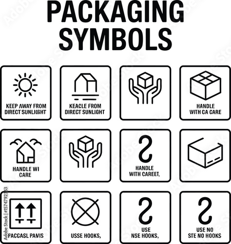 Packaging symbols guide for safe shipping and handling of fragile items and storage information