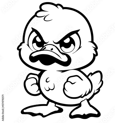 Angry duck icon, coloring page, vector. AI