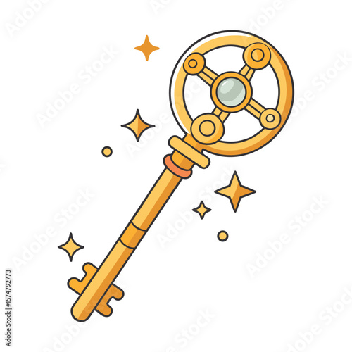 Magical Golden Key Illustration Fantasy Vector Icon with Sparkles for Games, Stories, Treasure Hunts, or Adventure UI Design