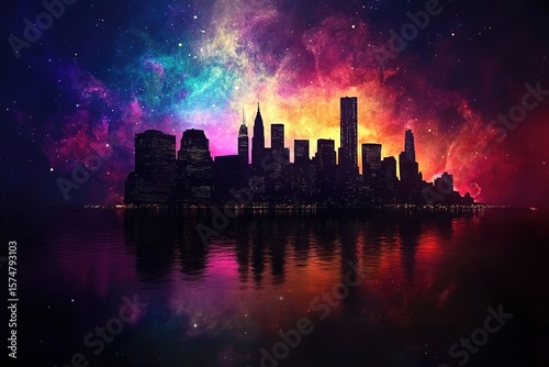 cityskyline in silhouette with vibrant galaxy background