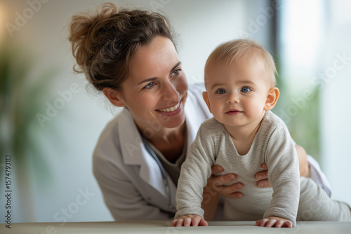 Smiling pediatrician interacting with a cute baby during a check-up in a bright clinic setting