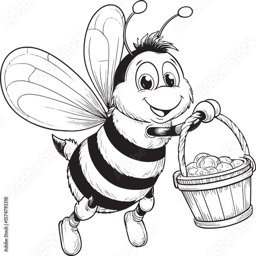 Cute honey bee buzzing with a happy expression on a Black and white hand art vector illustration, isolated on white background