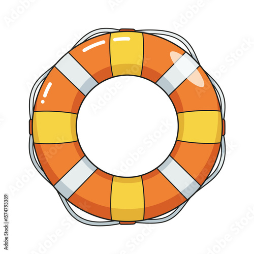 Orange and yellow life buoy, lifeline, safety ring, rescue equipment, nautical, maritime, water safety.