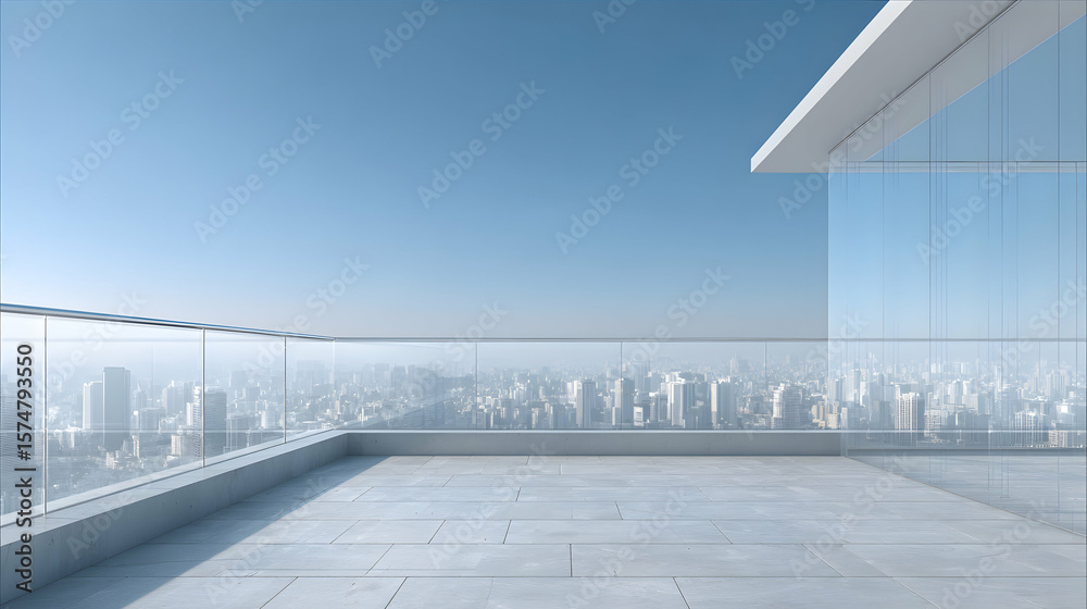 Obraz premium Modern architecture high rise rooftop terrace view overlooking a cityscape under a clear blue sky urban landscape