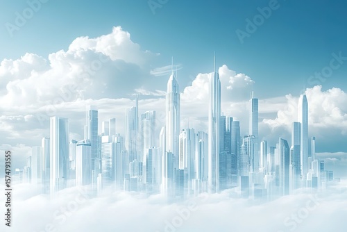 clean white futuristic cityskyline under blue sky