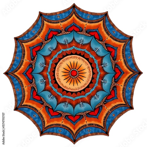 A vibrant and colorful mandala art design with intricate patterns evokes a sense of spirituality and bohemian style