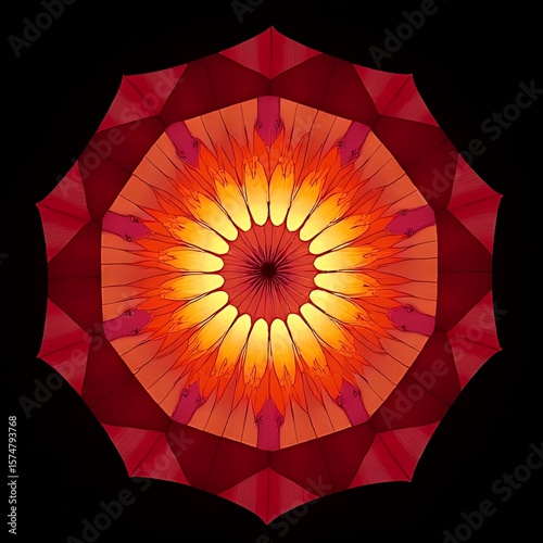 A symmetrical mandala pattern with geometric shapes and floral elements in shades of red, orange, and yellow, creating an abstract and decorative
