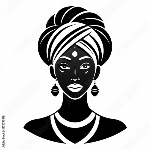 Black and white vector illustration of African woman with head wrap and earrings