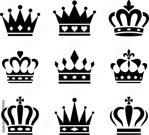 Elegant Royal Crown Icons – Black Silhouette Vector Collection