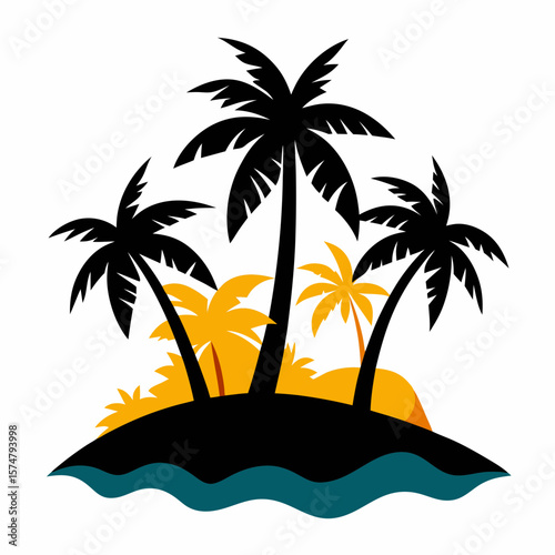Black palm trees on a tropical island with orange hills and blue water silhouette