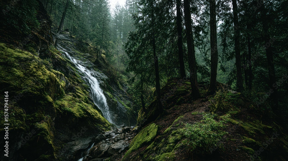 Fototapeta premium Lush green forest waterfall scene, mist and moss