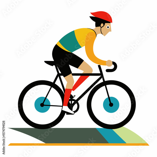Cyclist in red helmet yellow teal jersey black shorts red socks on bicycle bike racing