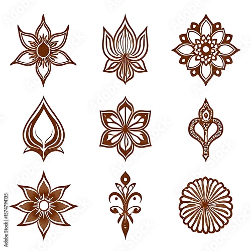 A set of intricate henna designs featuring floral patterns and ornamental details, isolated on a white background, showcasing traditional Indian art