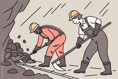 Coal mining workers in action, ideal for industry, energy production, or workforce advertising.
