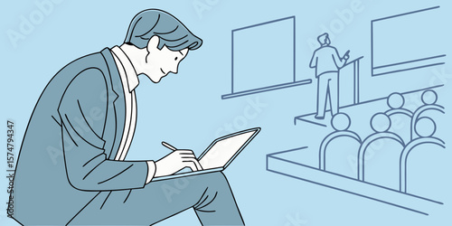 Businessman with laptop attending seminar, ideal for education, learning, or professional development promotions.