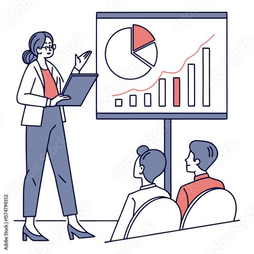 Female analyst presenting charts to audience, ideal for business growth, data insights, or corporate presentations.