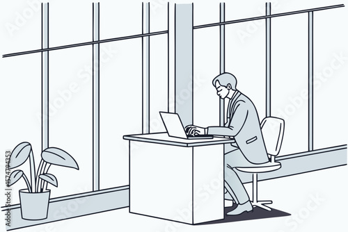 Executive typing on laptop in office, ideal for leadership, productivity, or professional business ads.