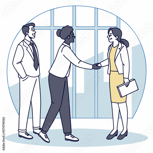 Female chief shaking hands with partner surrounded by experts, ideal for business success or leadership ads.