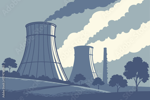 Cooling towers of nuclear power plant at dusk, ideal for energy, power production, or industrial ads.