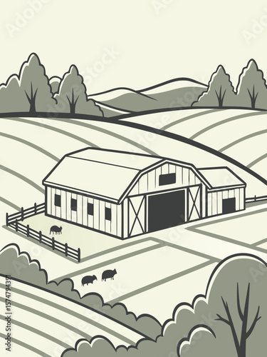 Pig farm with hog barn, ideal for agriculture, food production, or farming industry promotions.