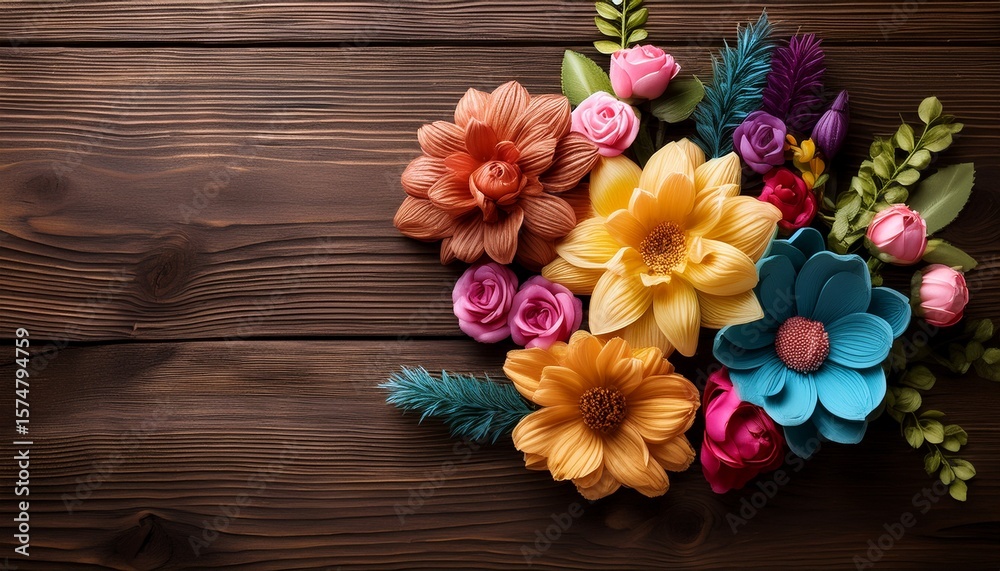 Fototapeta premium colorful artificial flowers arranged beautifully on wooden surface