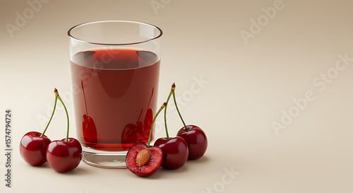 A refreshing glass of cool cherry juice is surrounded by sweet, ripe cherries, promising a burst of flavor and refreshment in every sip.