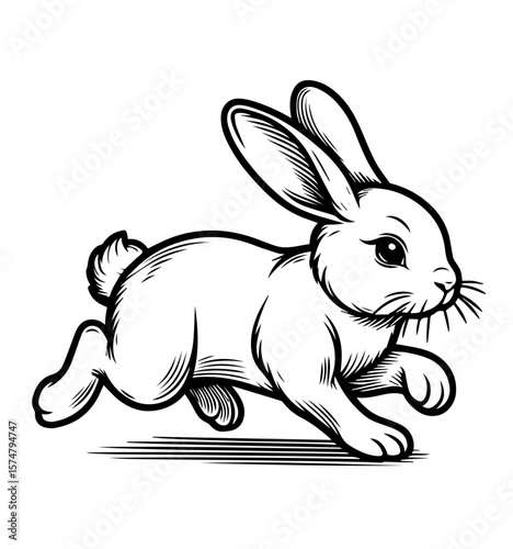 Bunny rabbit running, children's coloring page, vector. AI