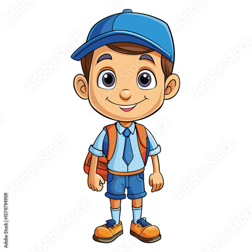 Cartoon boy in a blue cap, light blue shirt, orange backpack, and light blue shorts, smiling
