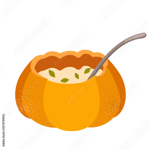 Pumpkin dish. Vector set of dishes with fresh ripe pumpkin, jam jar, fruitcake, soup. Traditional autumn Thanksgiving food. Autumn set for halloween invitation, harvest, menu