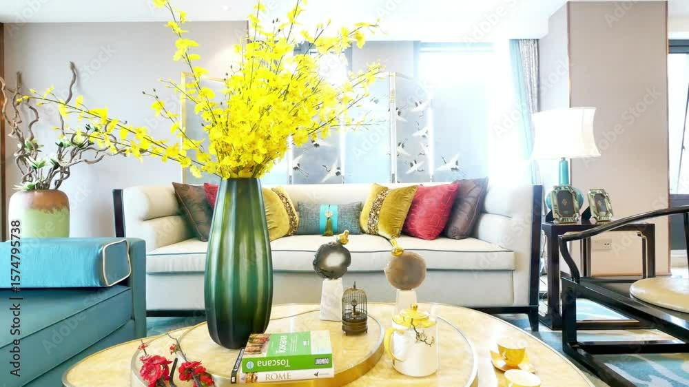 A modern living room with yellow flowers and stylish decor
