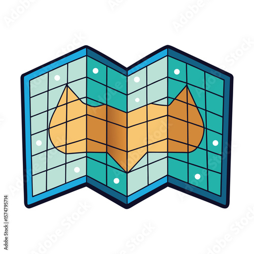 Cartoon Folded Map Icon with Grid and Route Navigation Symbol for Games, Travel Apps, Adventure UI, or Exploration Design